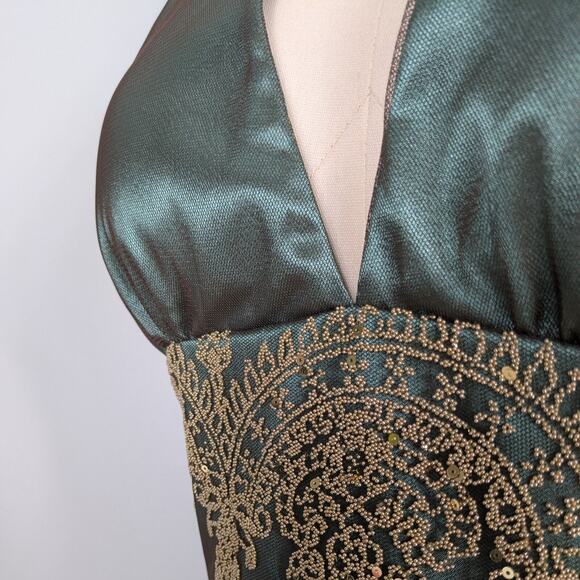 Papell Mini Dress Babydoll Gown 8 Green Gold Fairy Indie Halter Mesh Boho Sheer - Picture 8 of 12